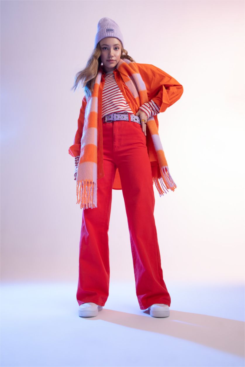 حريمي أحمر بنطلون جبردين وايد ليج