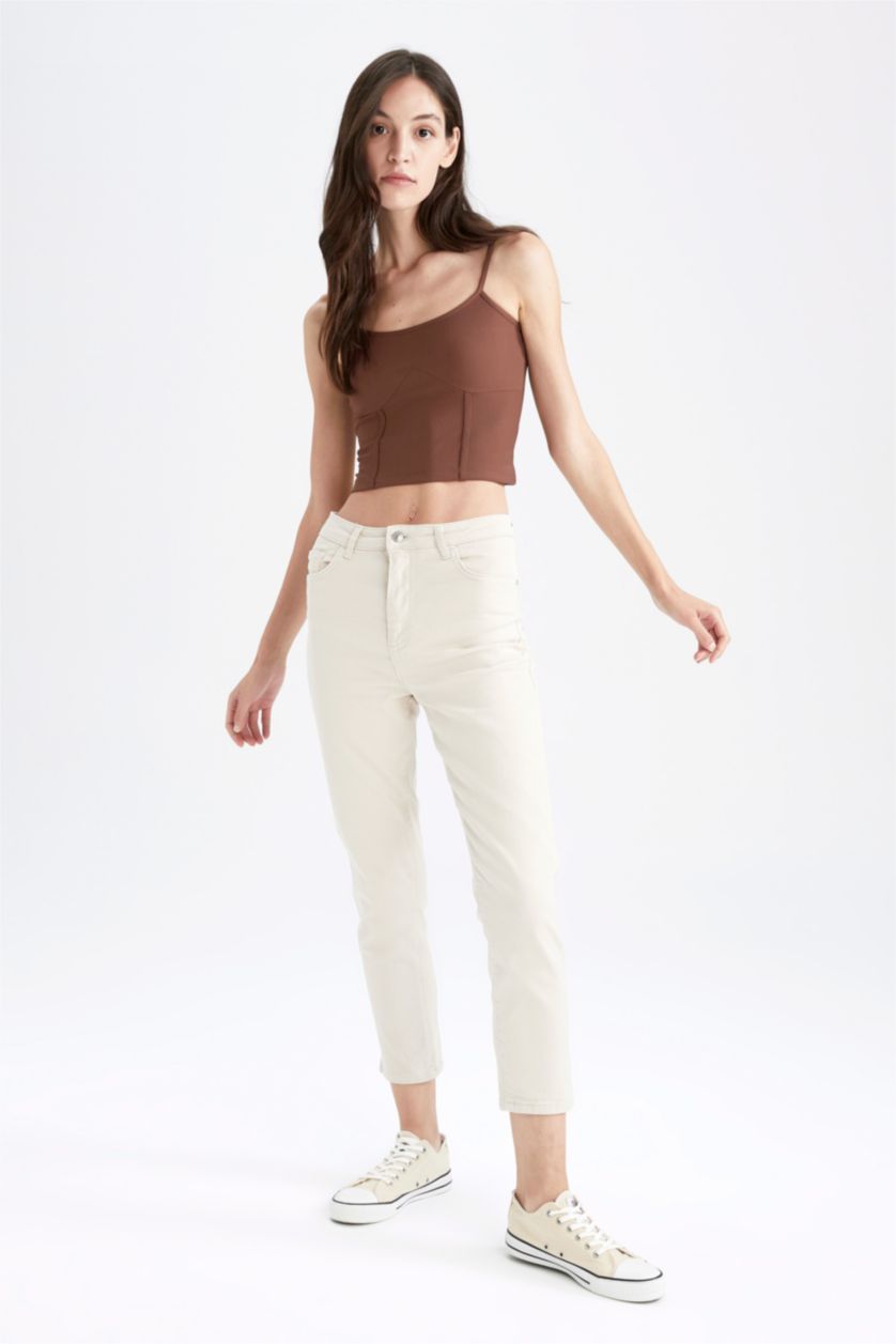 نساء بيج High Waist Mom Fit Trousers