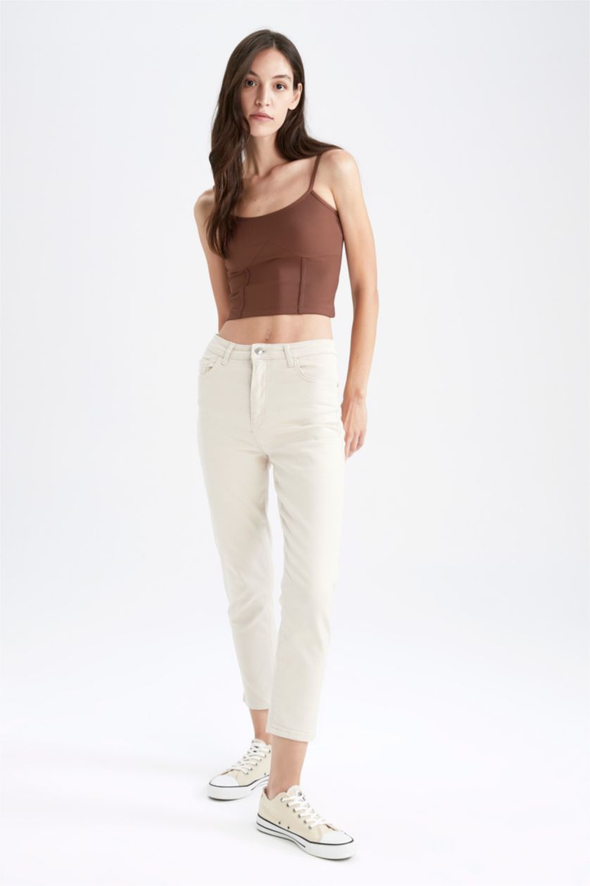 نساء بيج High Waist Mom Fit Trousers