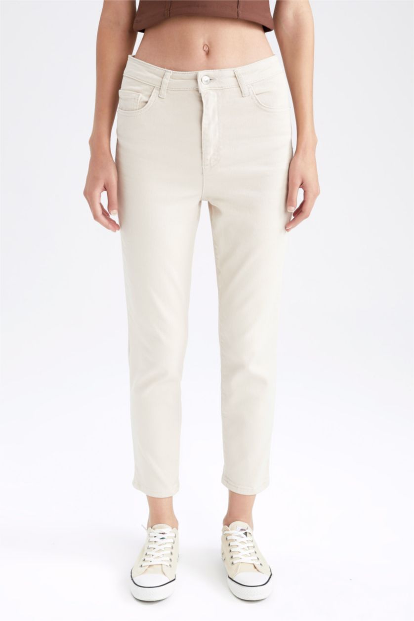 نساء بيج High Waist Mom Fit Trousers