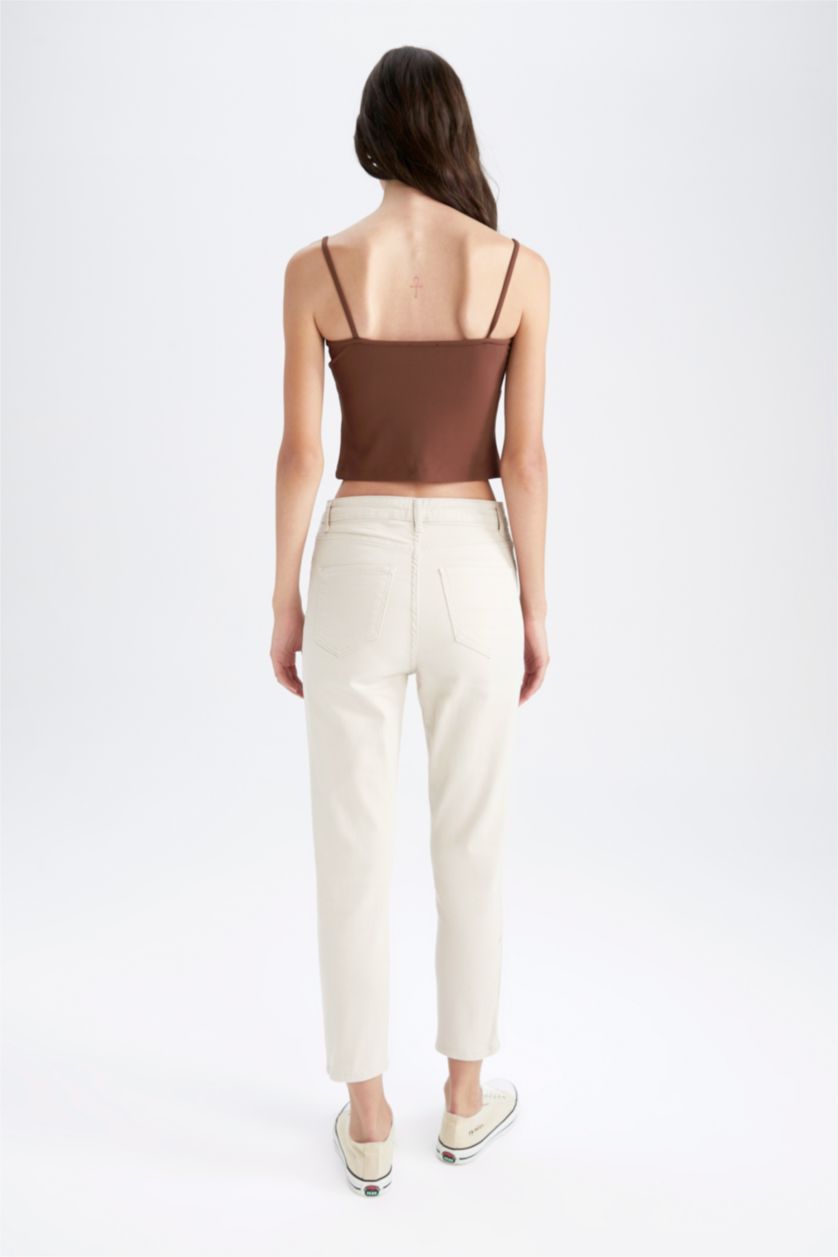 نساء بيج High Waist Mom Fit Trousers