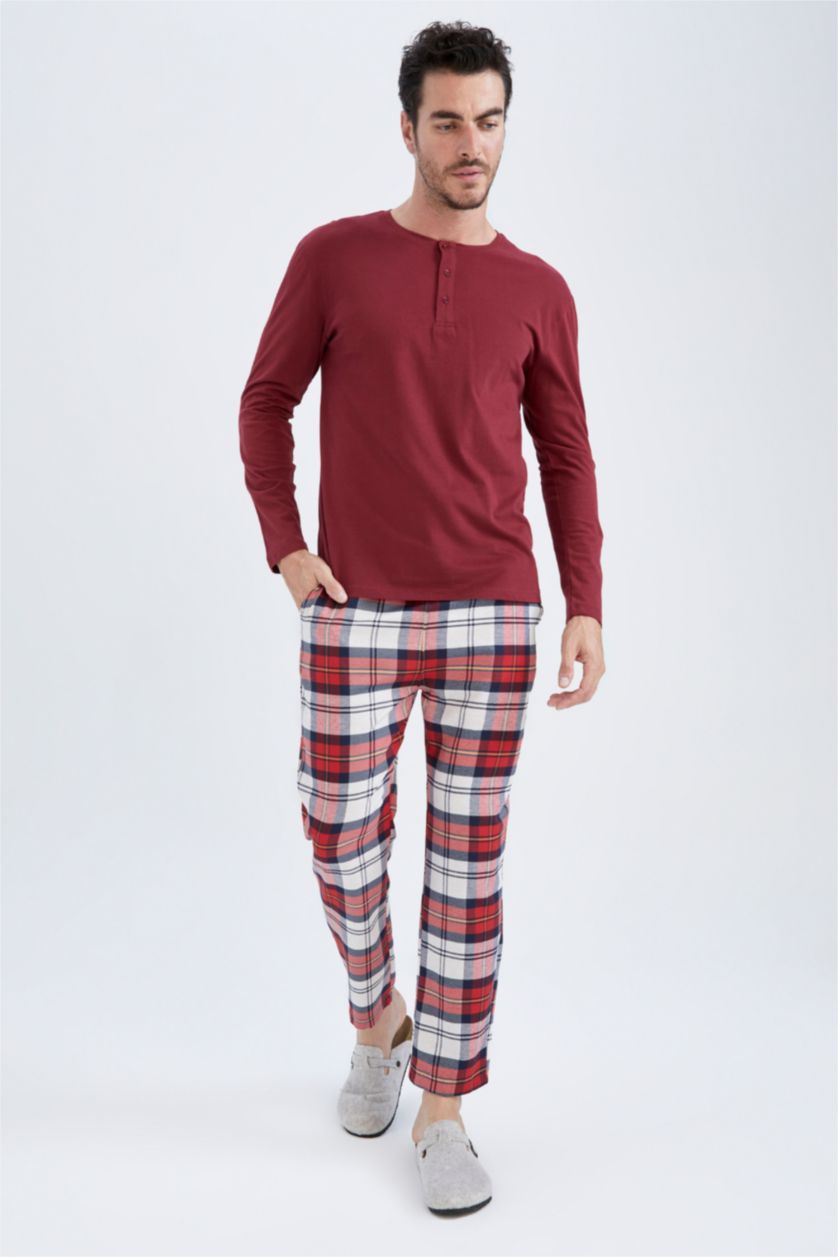 رجالي خمري طقم بيجاما كاروهات قصة عادية كم طويل - قطعتين