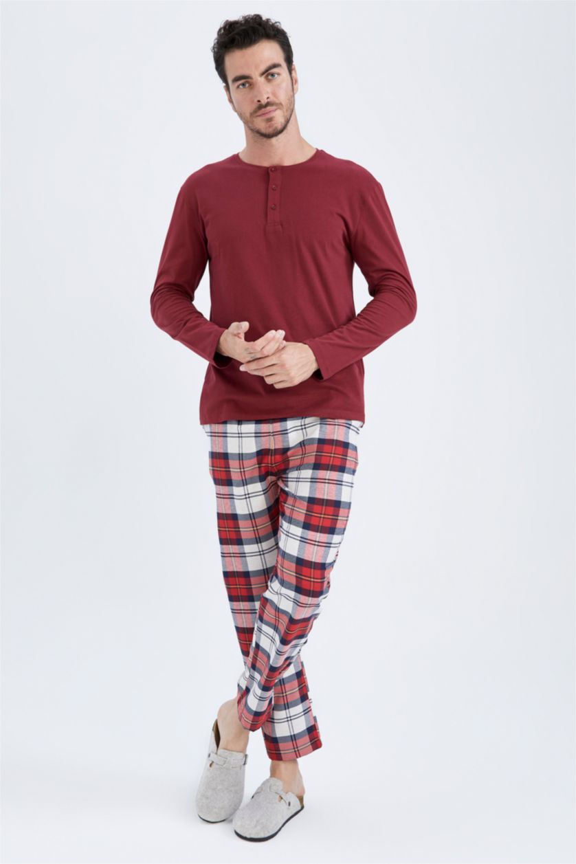 رجالي خمري طقم بيجاما كاروهات قصة عادية كم طويل - قطعتين