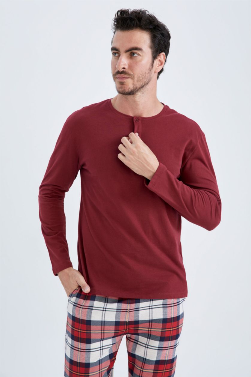 رجالي خمري طقم بيجاما كاروهات قصة عادية كم طويل - قطعتين