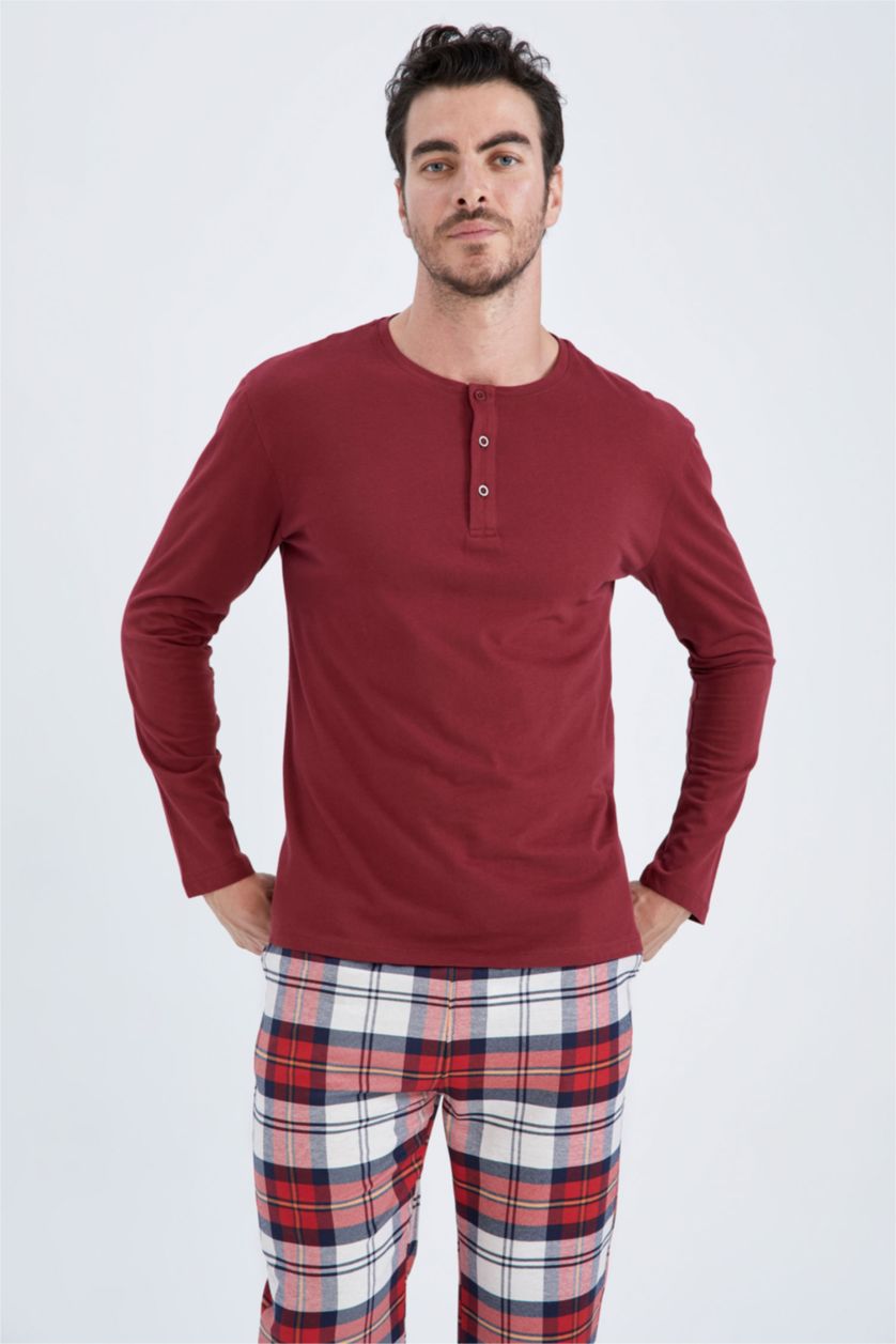 رجالي خمري طقم بيجاما كاروهات قصة عادية كم طويل - قطعتين