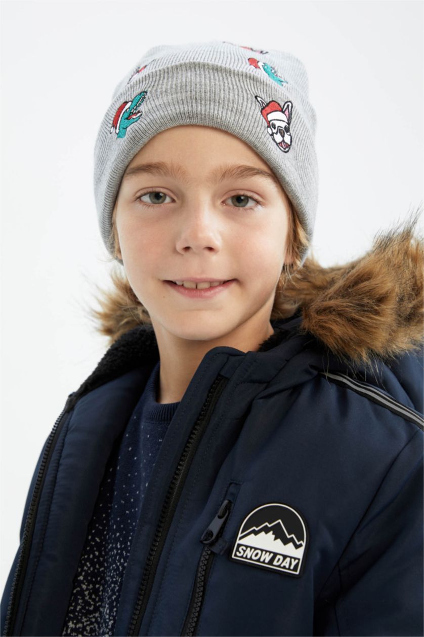 Erkek Çocuk - Genç Erkek Açık Gri Erkek Çocuk Yılbaşı Temalı Triko Bere