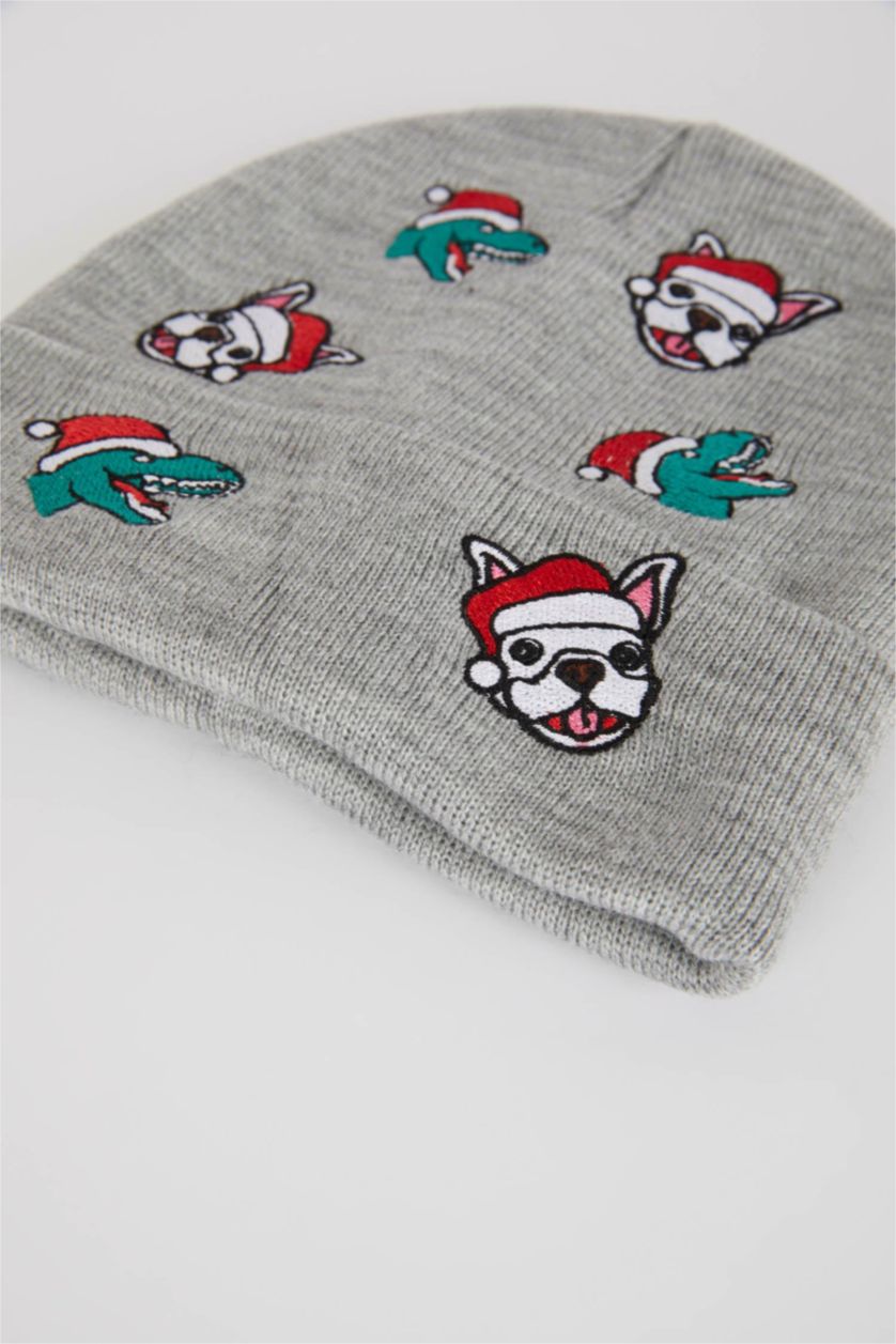 Erkek Çocuk - Genç Erkek Açık Gri Erkek Çocuk Yılbaşı Temalı Triko Bere