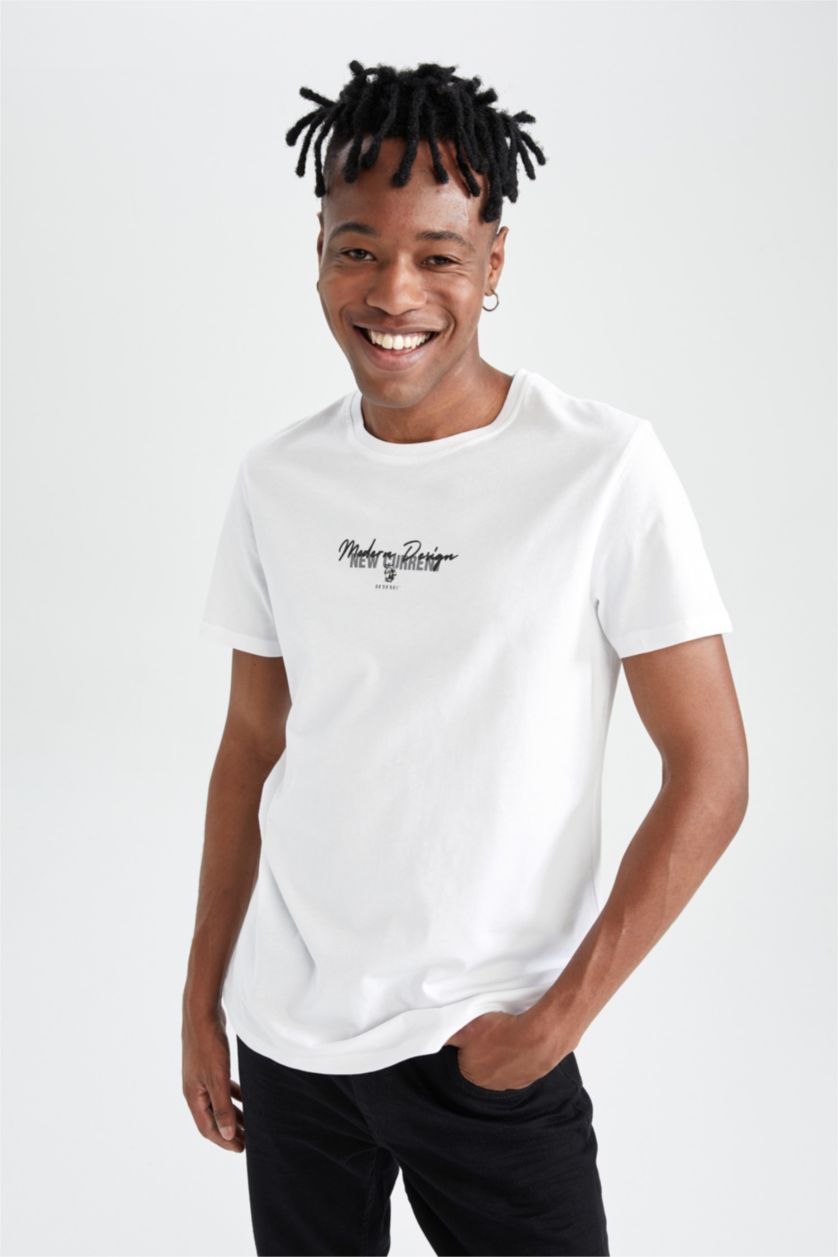 رجالي أبيض تي شيرت مطبوع سليم فيت بياقة مستديرة