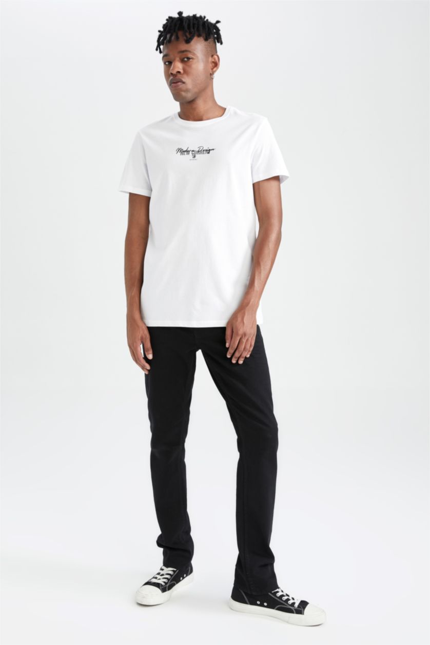 رجالي أبيض تي شيرت مطبوع سليم فيت بياقة مستديرة