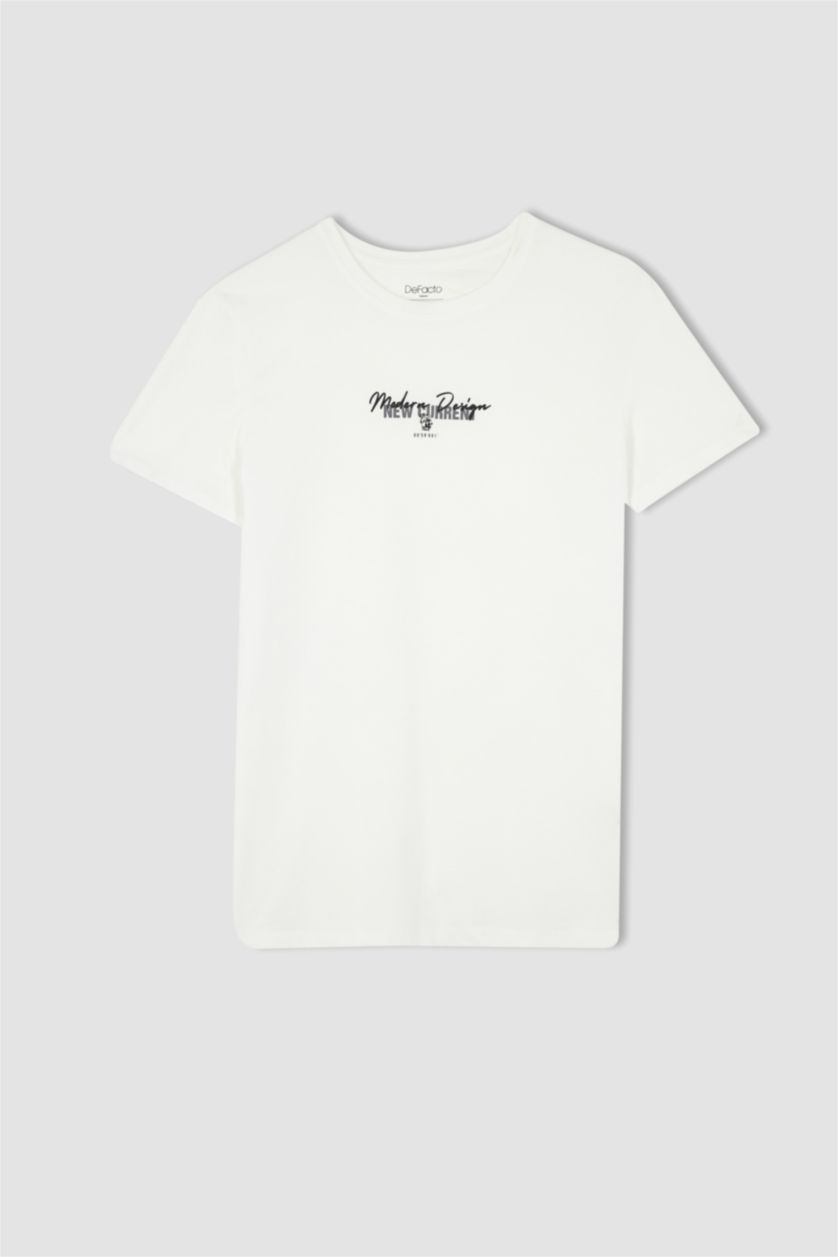 رجالي أبيض تي شيرت مطبوع سليم فيت بياقة مستديرة