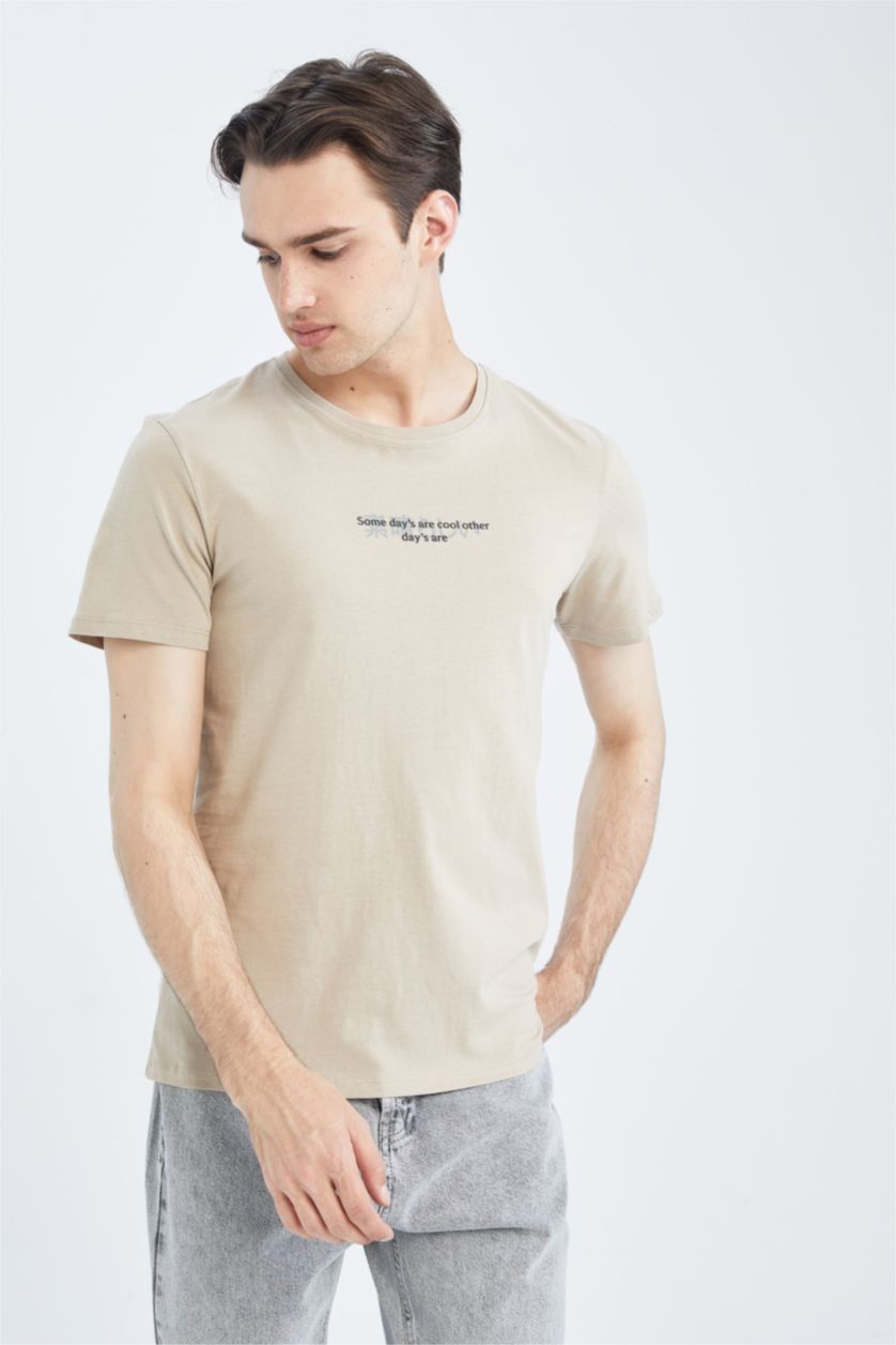 MAN Beige Slim Fit Crew Neck Printed Cotton Combed Cotton T-Shirt
