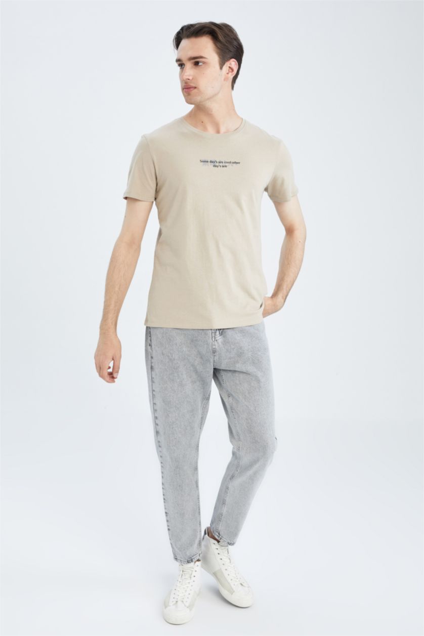 MAN Beige Slim Fit Crew Neck Printed Cotton Combed Cotton T-Shirt