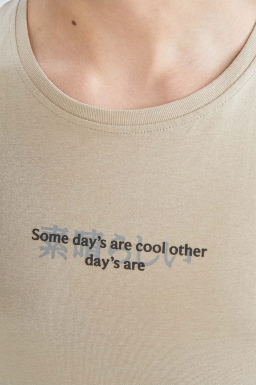 MAN Beige Slim Fit Crew Neck Printed Cotton Combed Cotton T-Shirt