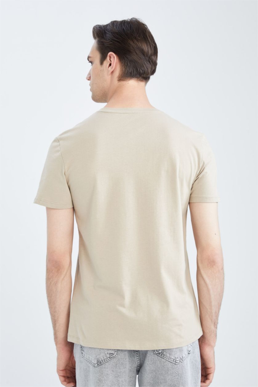 MAN Beige Slim Fit Crew Neck Printed Cotton Combed Cotton T-Shirt