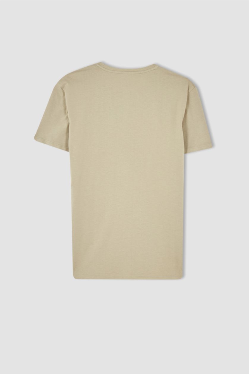 MAN Beige Slim Fit Crew Neck Printed Cotton Combed Cotton T-Shirt