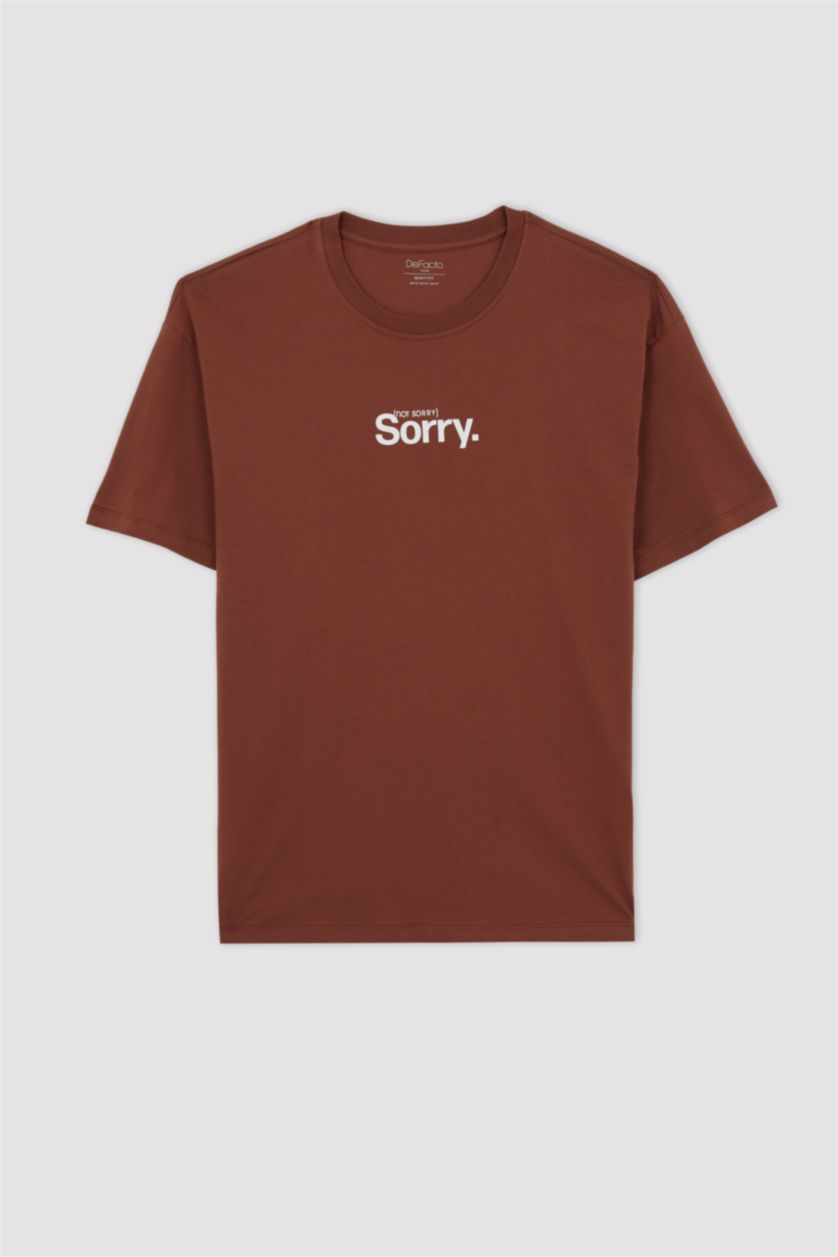 رجال بني تي شيرت نص كم وطبعة بشعار برقبة مستديرة