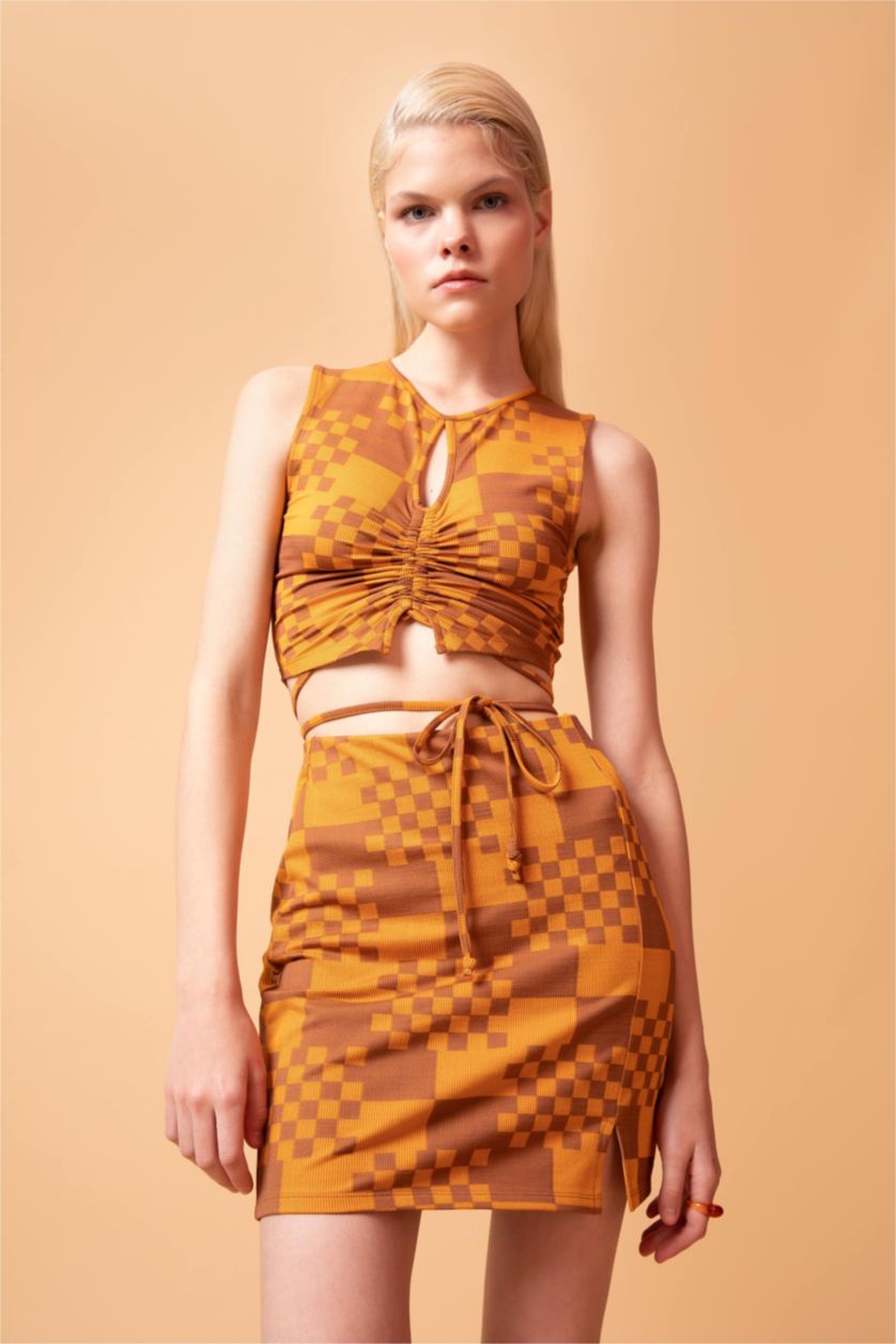 WOMAN Brown A-Line Checkered Patterned Slit Detail Mini Skirt