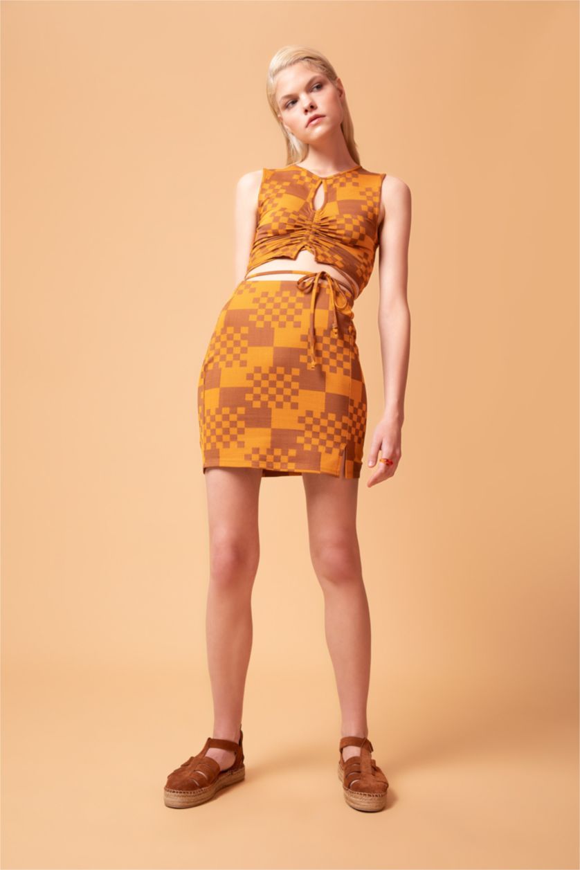 WOMAN Brown A-Line Checkered Patterned Slit Detail Mini Skirt