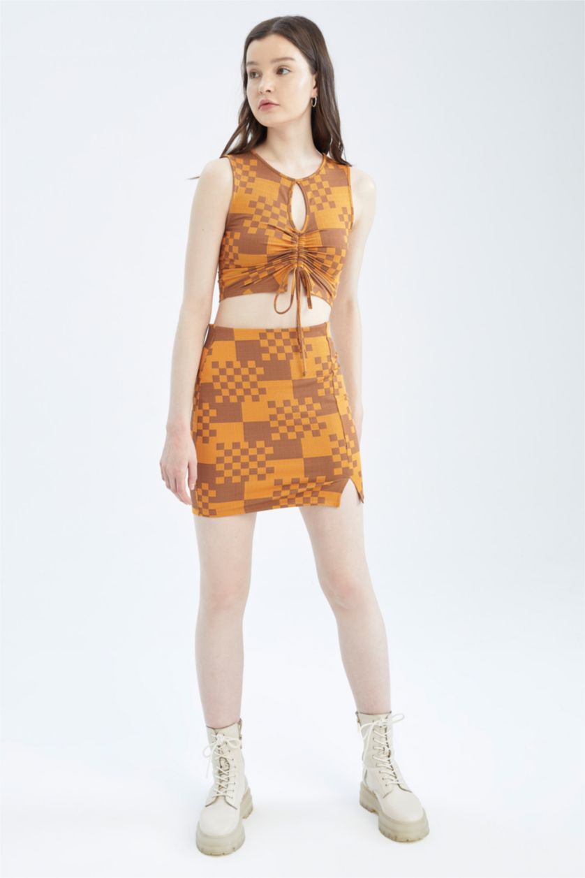 WOMAN Brown A-Line Checkered Patterned Slit Detail Mini Skirt