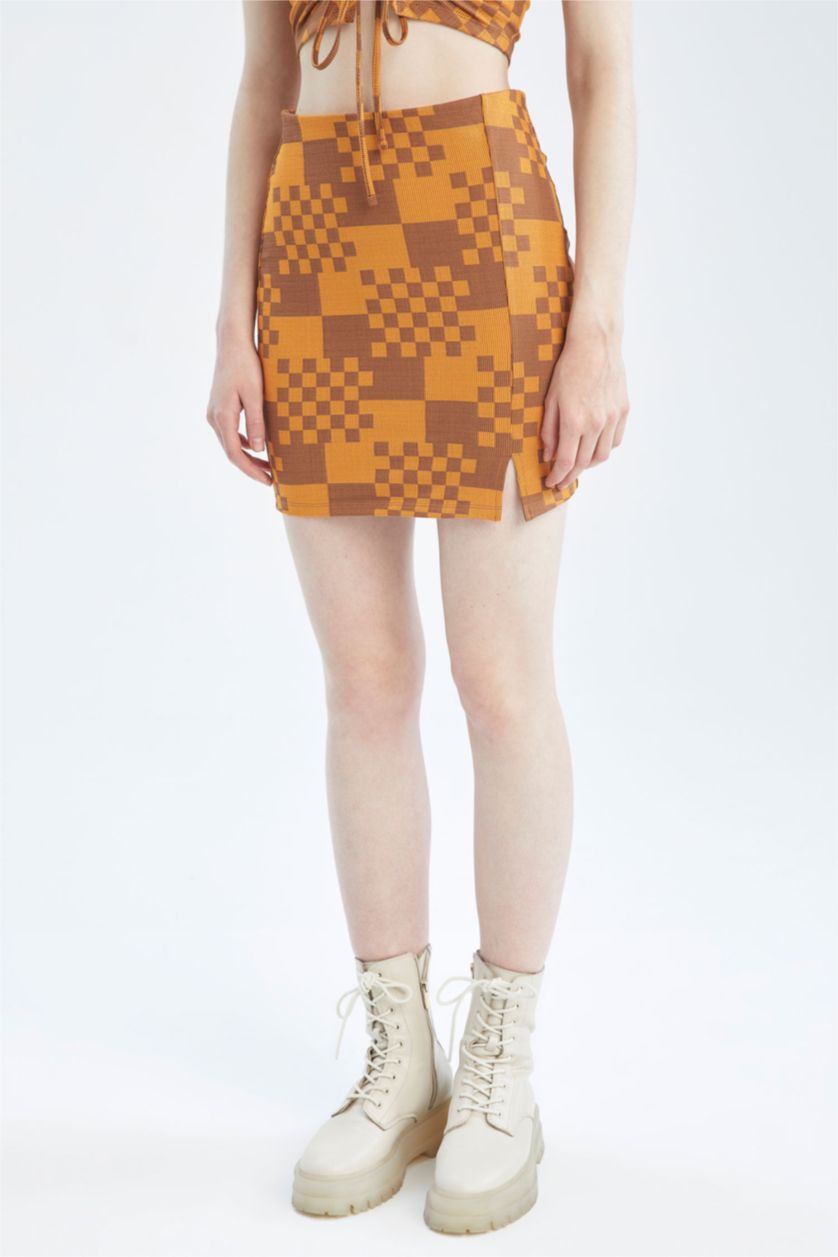 WOMAN Brown A-Line Checkered Patterned Slit Detail Mini Skirt