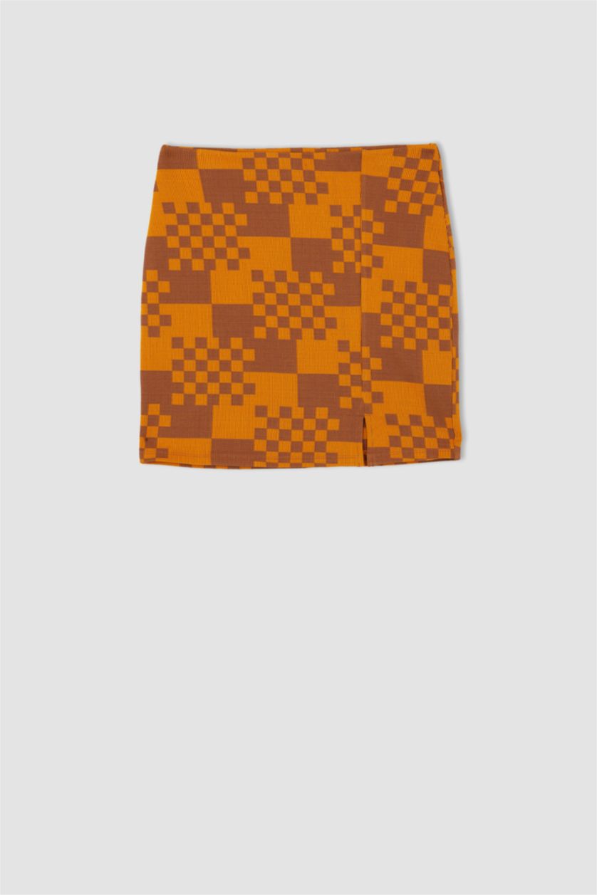 WOMAN Brown A-Line Checkered Patterned Slit Detail Mini Skirt