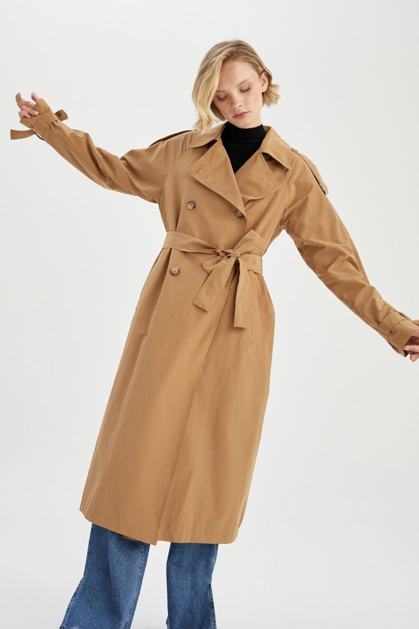 Kadın Camel Su İtici Relax Fit Kuşaklı Trençkot