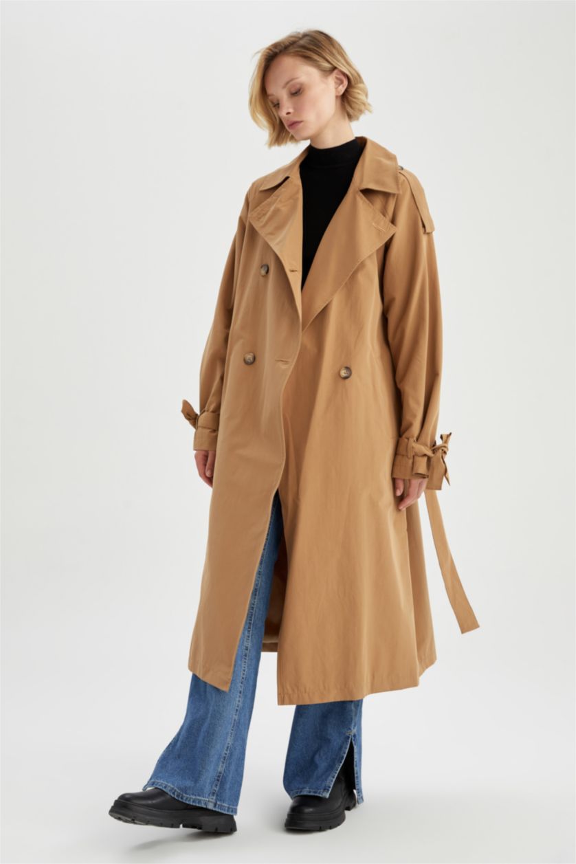 Kadın Camel Su İtici Relax Fit Kuşaklı Trençkot