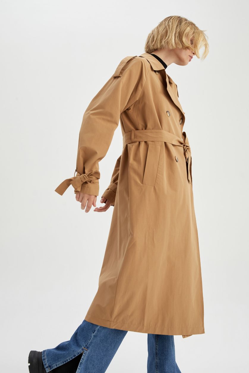 Kadın Camel Su İtici Relax Fit Kuşaklı Trençkot