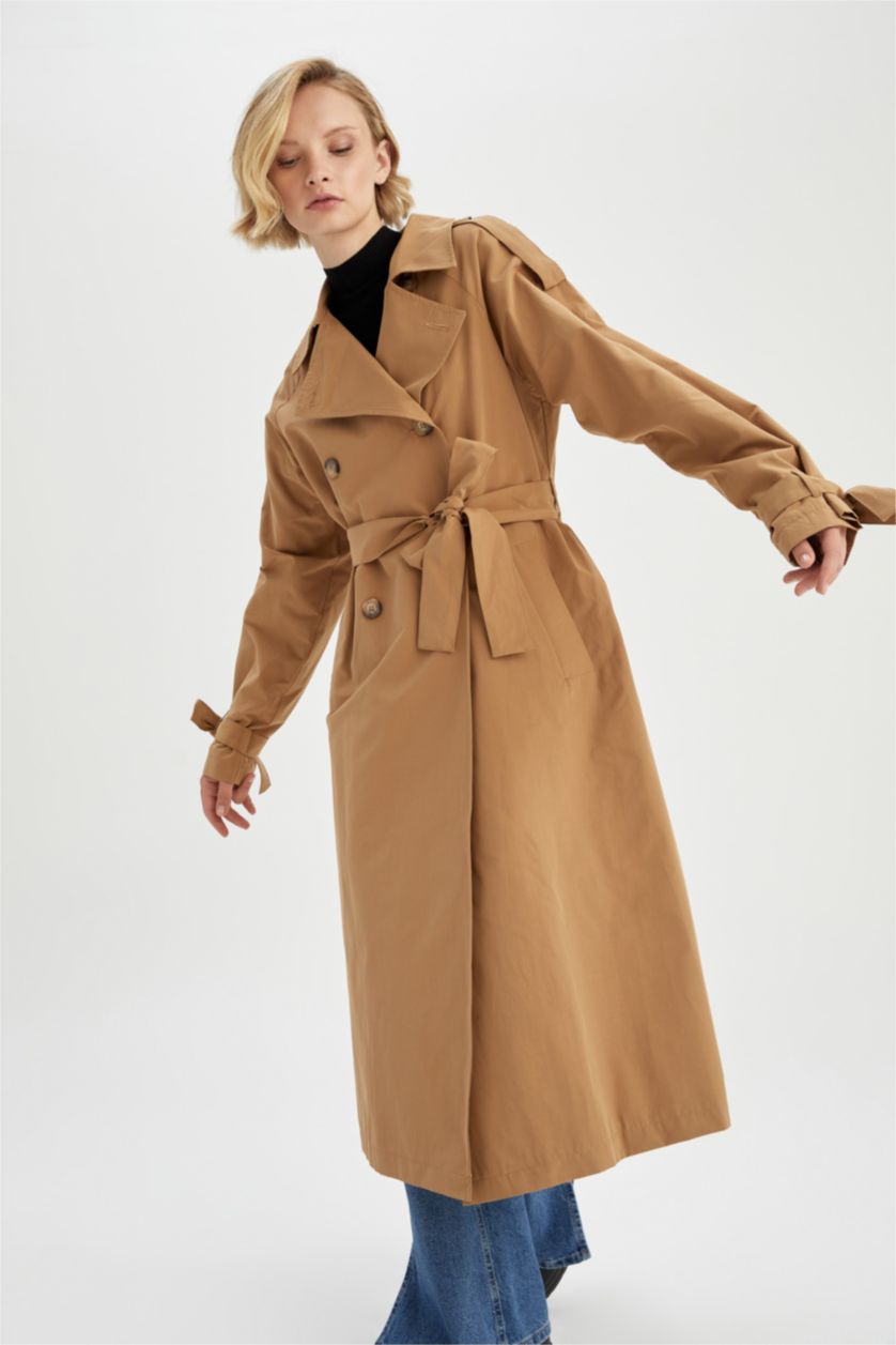 Kadın Camel Su İtici Relax Fit Kuşaklı Trençkot