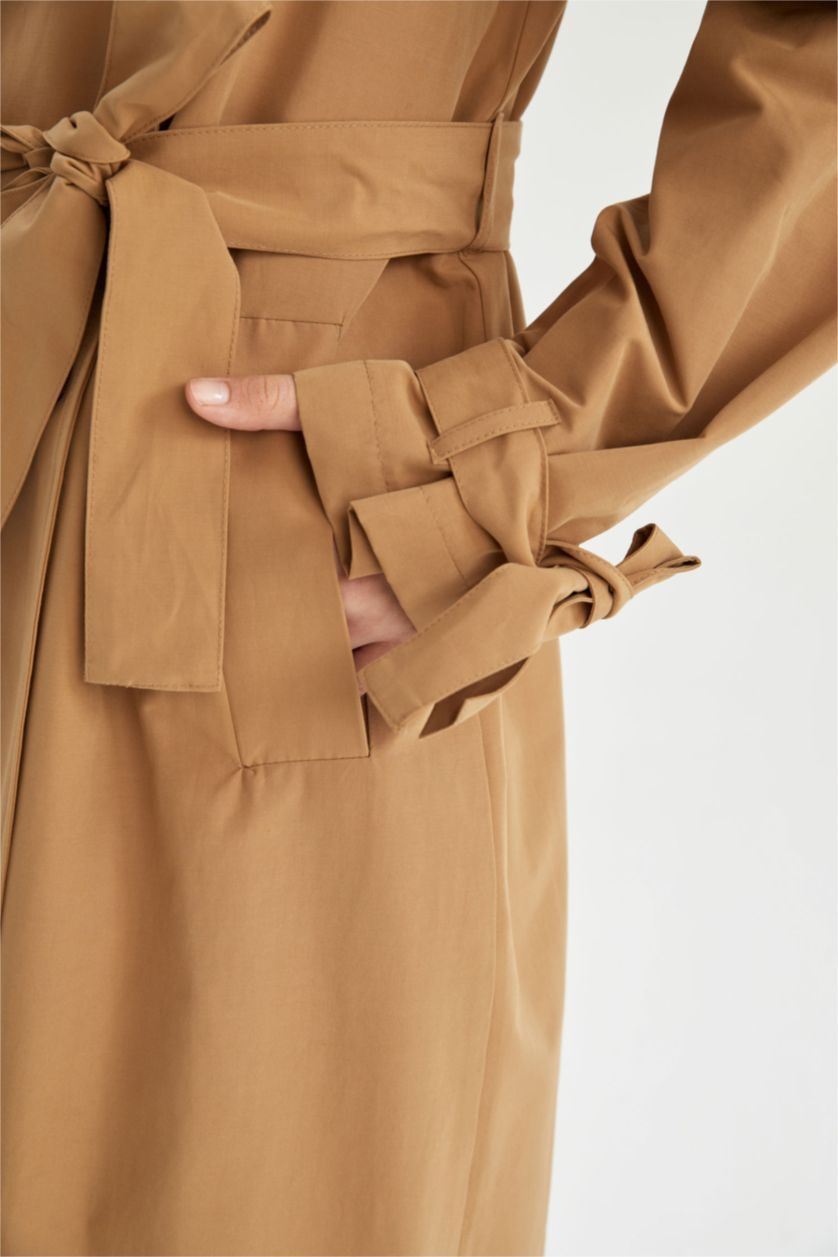 Kadın Camel Su İtici Relax Fit Kuşaklı Trençkot