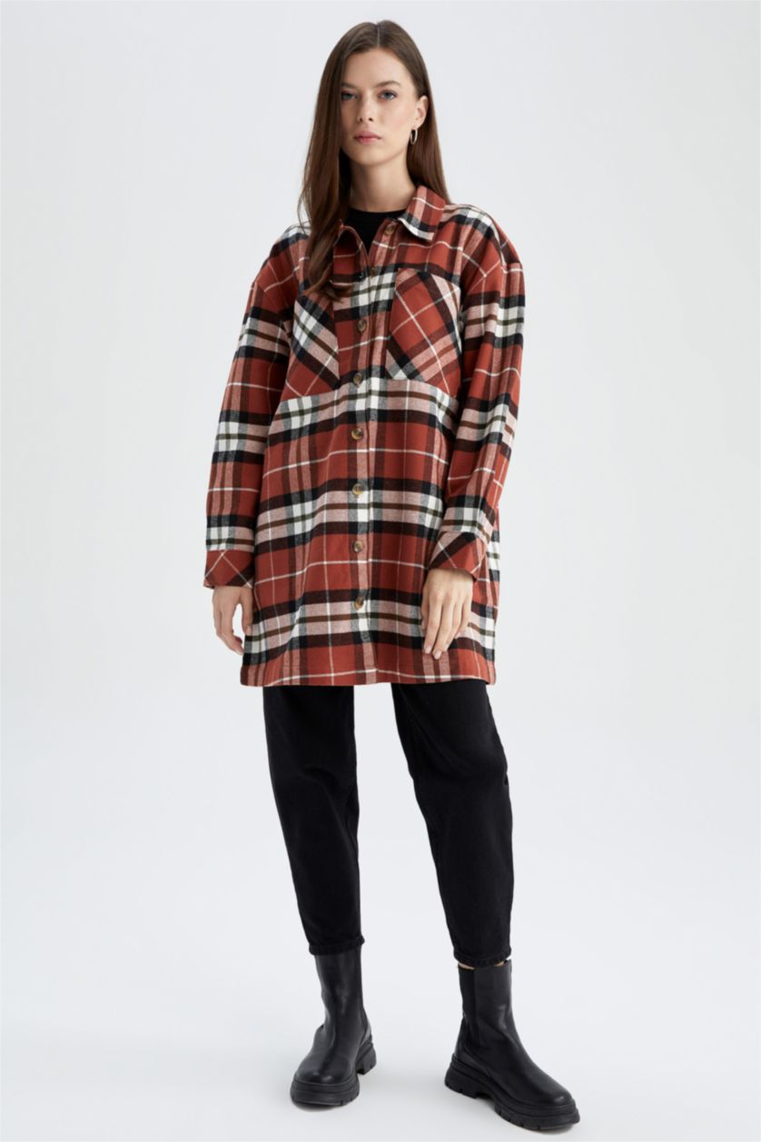 FEMME Marron Tunique à manches longues en flanelle à carreaux coupe décontractée