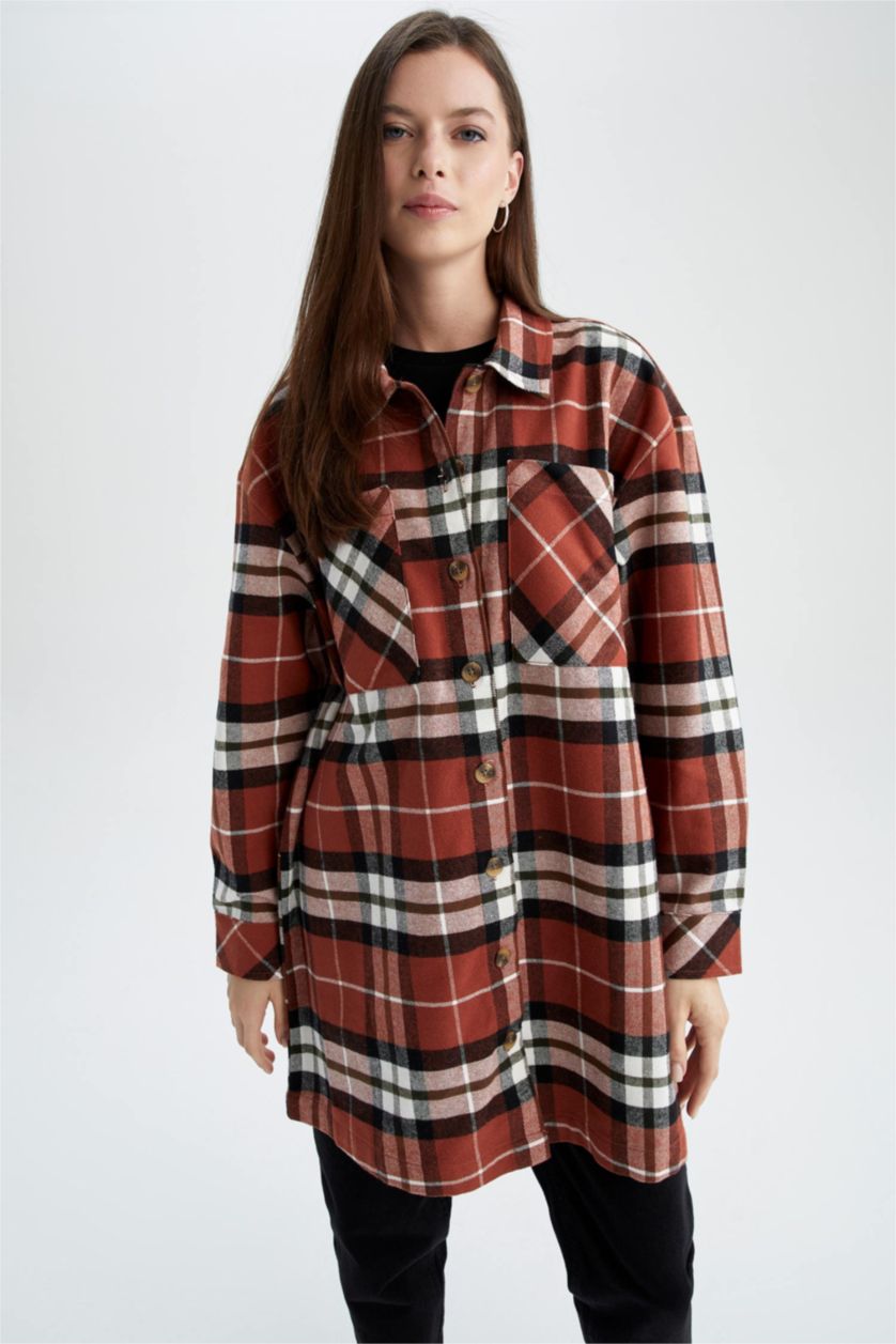 FEMME Marron Tunique à manches longues en flanelle à carreaux coupe décontractée