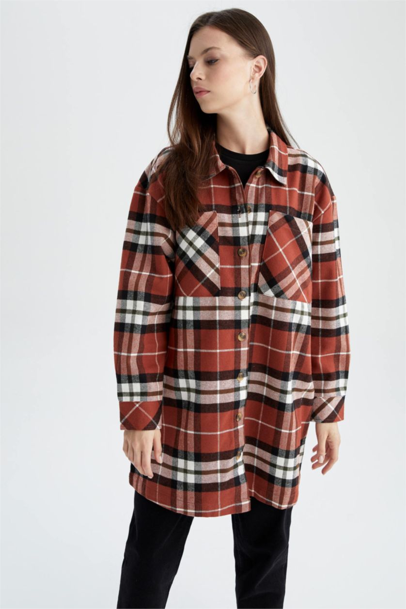 FEMME Marron Tunique à manches longues en flanelle à carreaux coupe décontractée