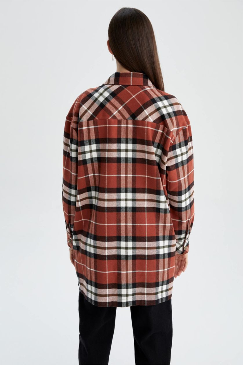 FEMME Marron Tunique à manches longues en flanelle à carreaux coupe décontractée