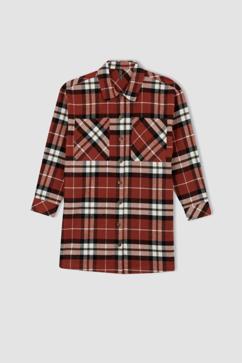 FEMME Marron Tunique à manches longues en flanelle à carreaux coupe décontractée