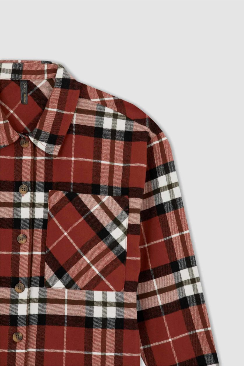 FEMME Marron Tunique à manches longues en flanelle à carreaux coupe décontractée