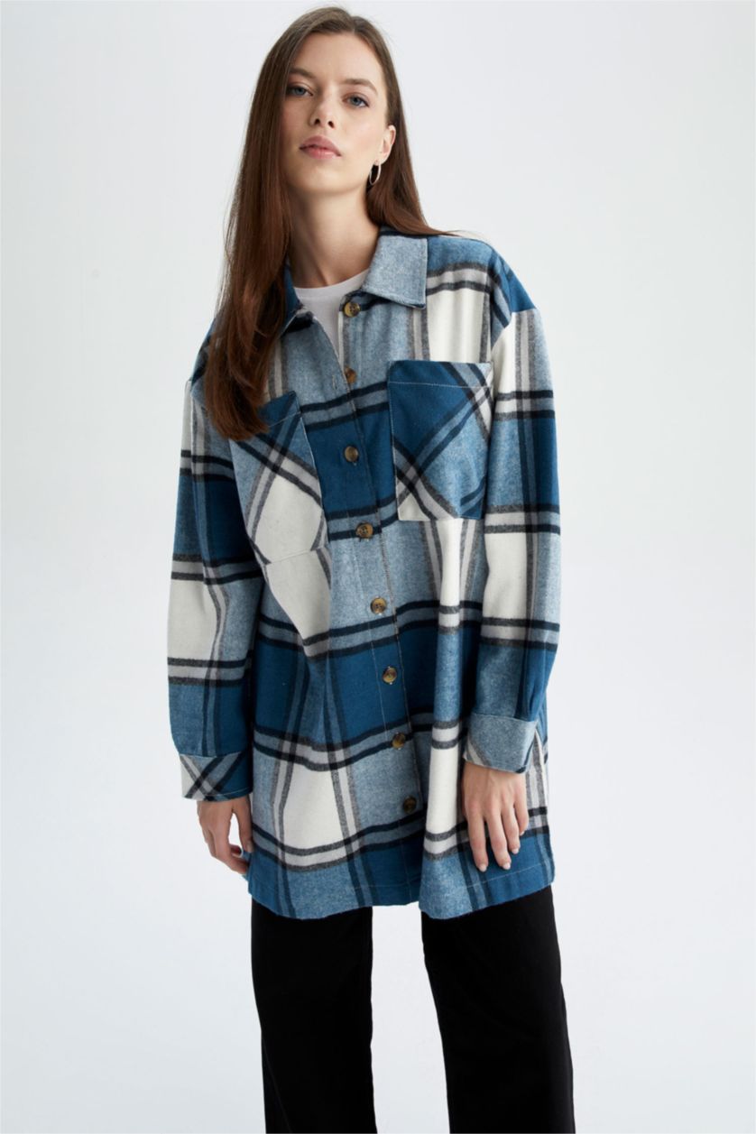 FEMME Marin Tunique à manches longues en flanelle à carreaux coupe décontractée