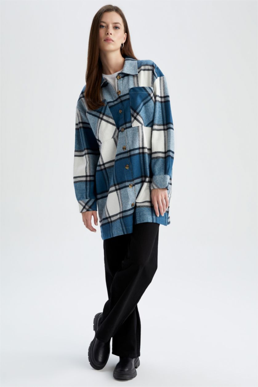 FEMME Marin Tunique à manches longues en flanelle à carreaux coupe décontractée