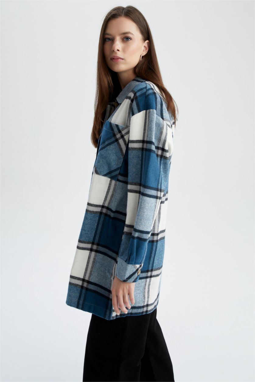 FEMME Marin Tunique à manches longues en flanelle à carreaux coupe décontractée