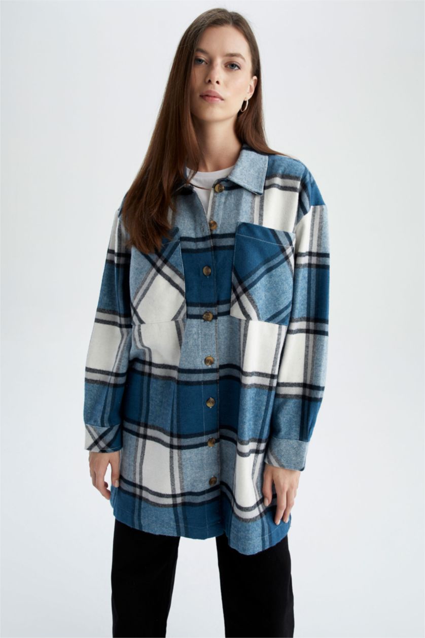 FEMME Marin Tunique à manches longues en flanelle à carreaux coupe décontractée