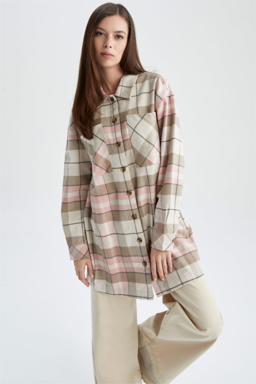 FEMME Rose Clair Tunique à manches longues en flanelle à carreaux coupe décontractée