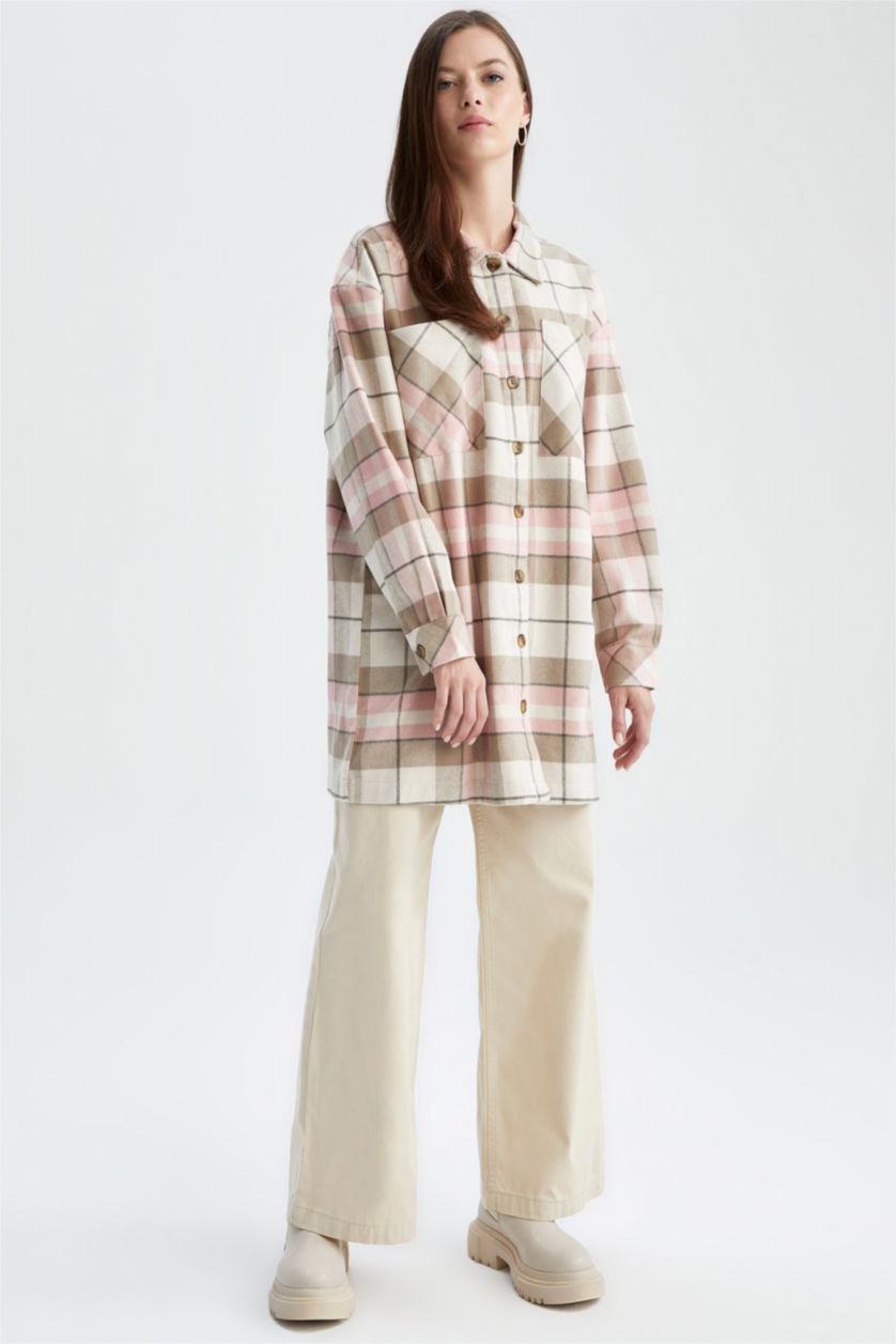 FEMME Rose Clair Tunique à manches longues en flanelle à carreaux coupe décontractée