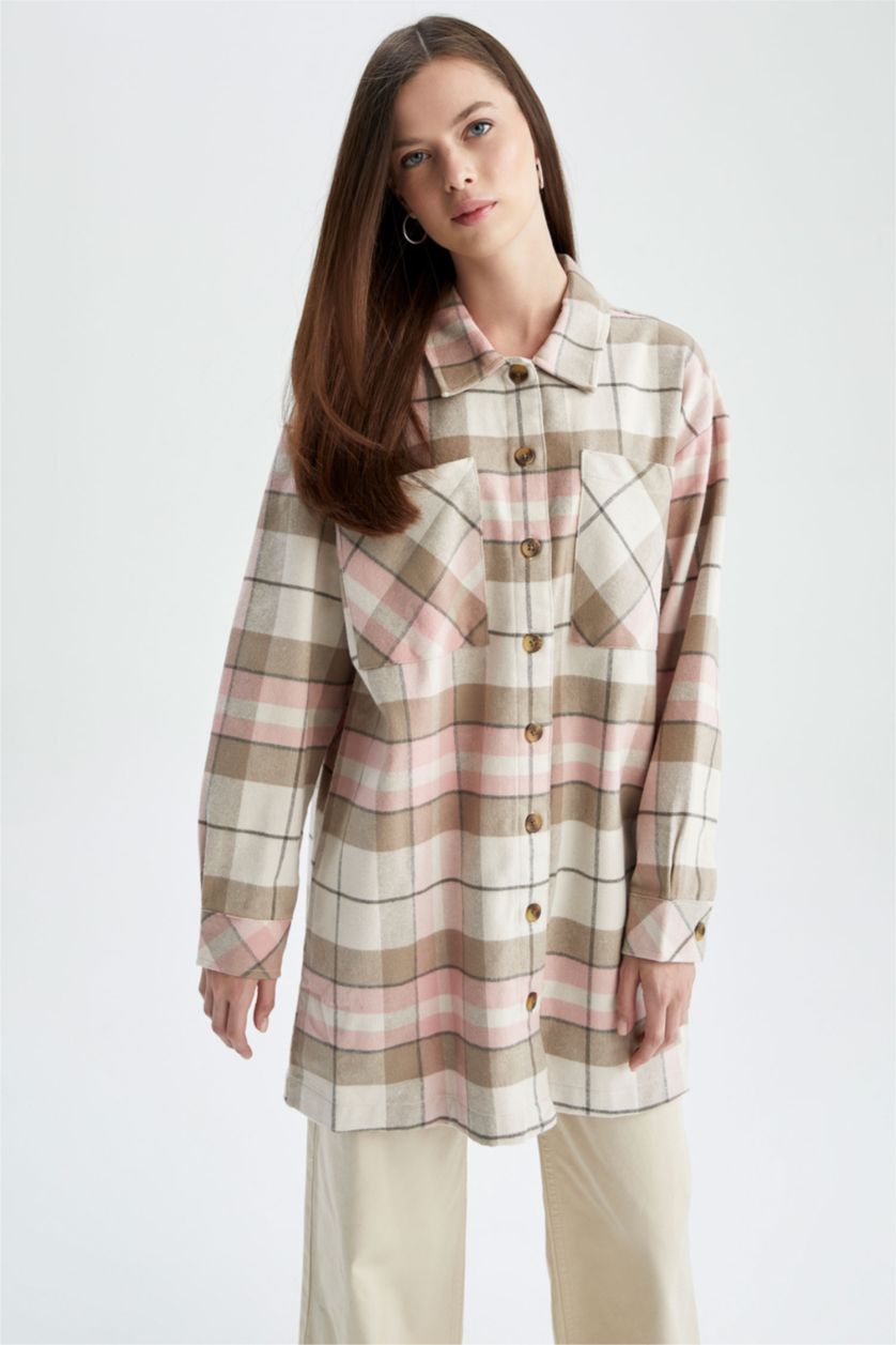 FEMME Rose Clair Tunique à manches longues en flanelle à carreaux coupe décontractée