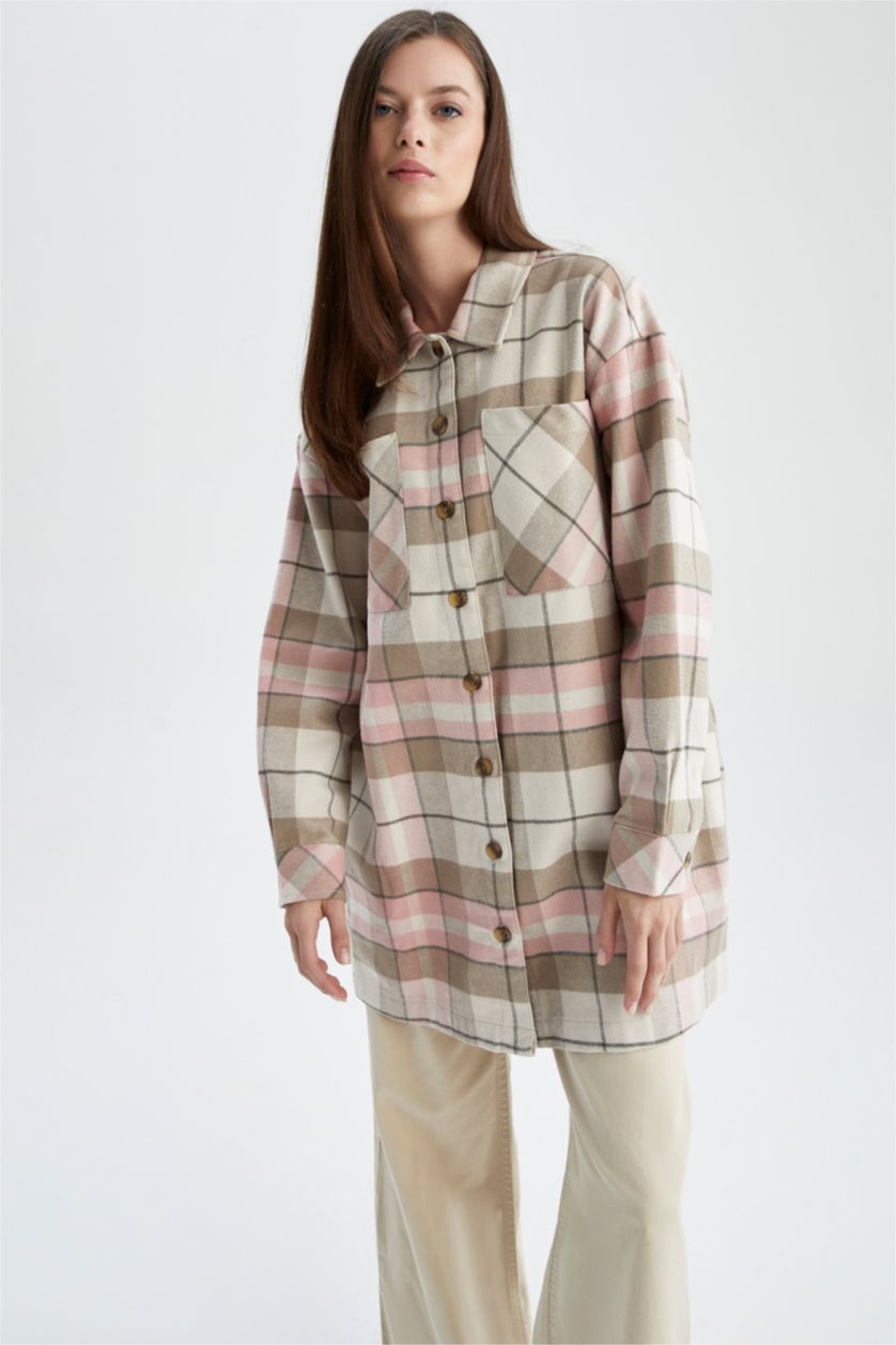FEMME Rose Clair Tunique à manches longues en flanelle à carreaux coupe décontractée