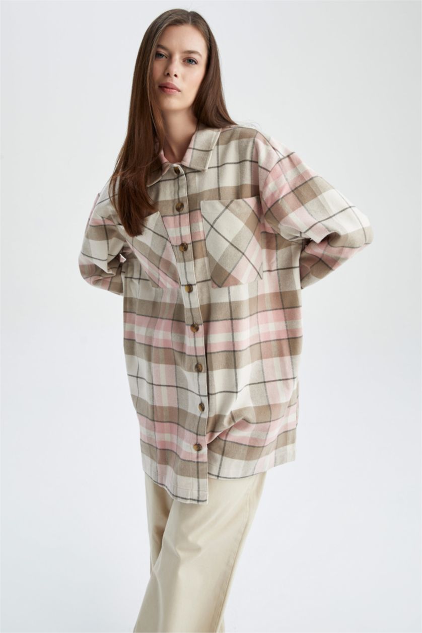 FEMME Rose Clair Tunique à manches longues en flanelle à carreaux coupe décontractée