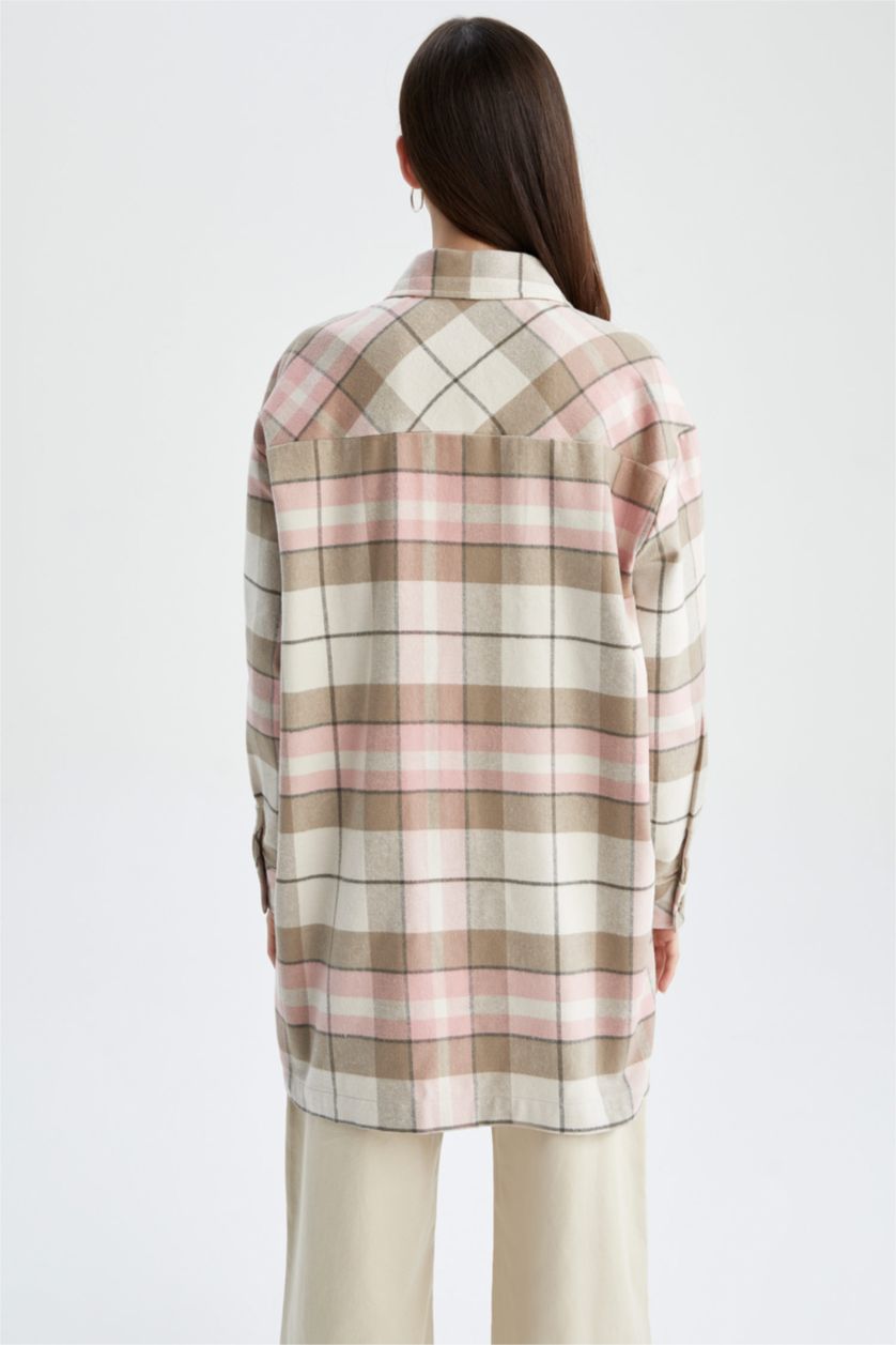 FEMME Rose Clair Tunique à manches longues en flanelle à carreaux coupe décontractée
