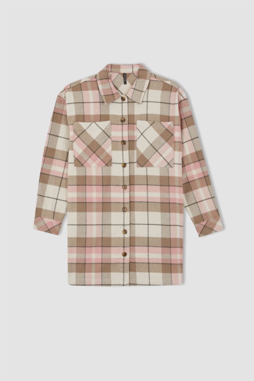 FEMME Rose Clair Tunique à manches longues en flanelle à carreaux coupe décontractée