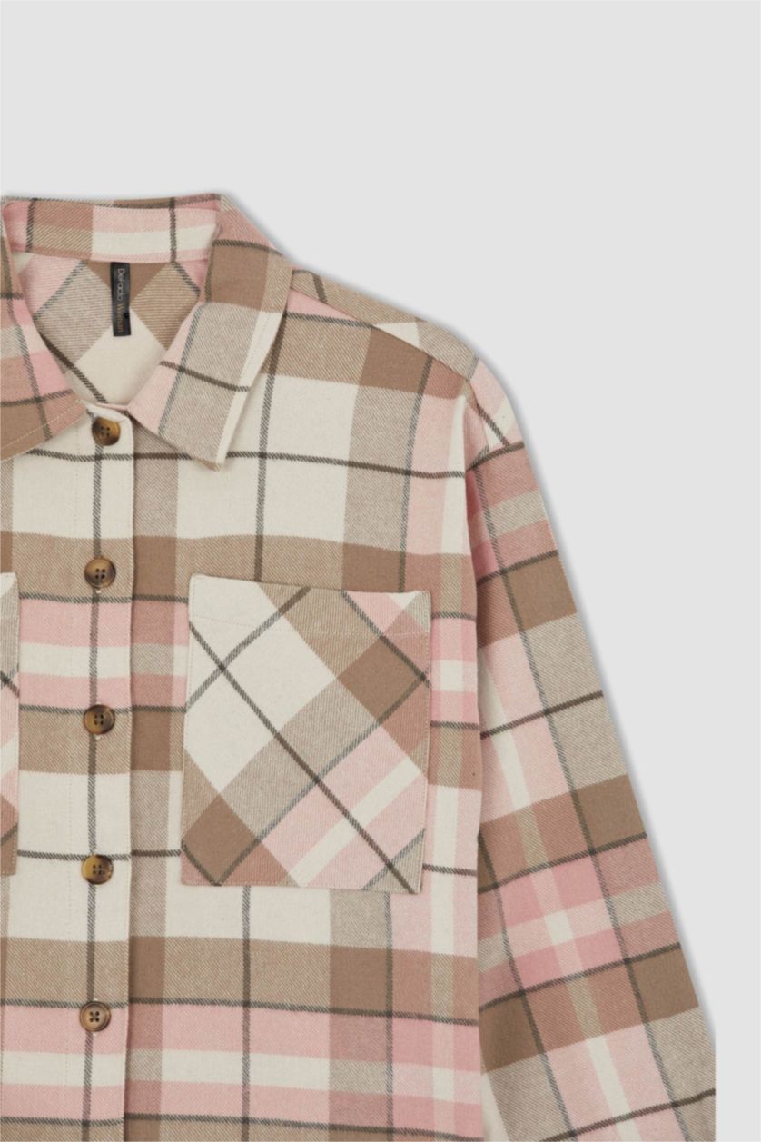 FEMME Rose Clair Tunique à manches longues en flanelle à carreaux coupe décontractée