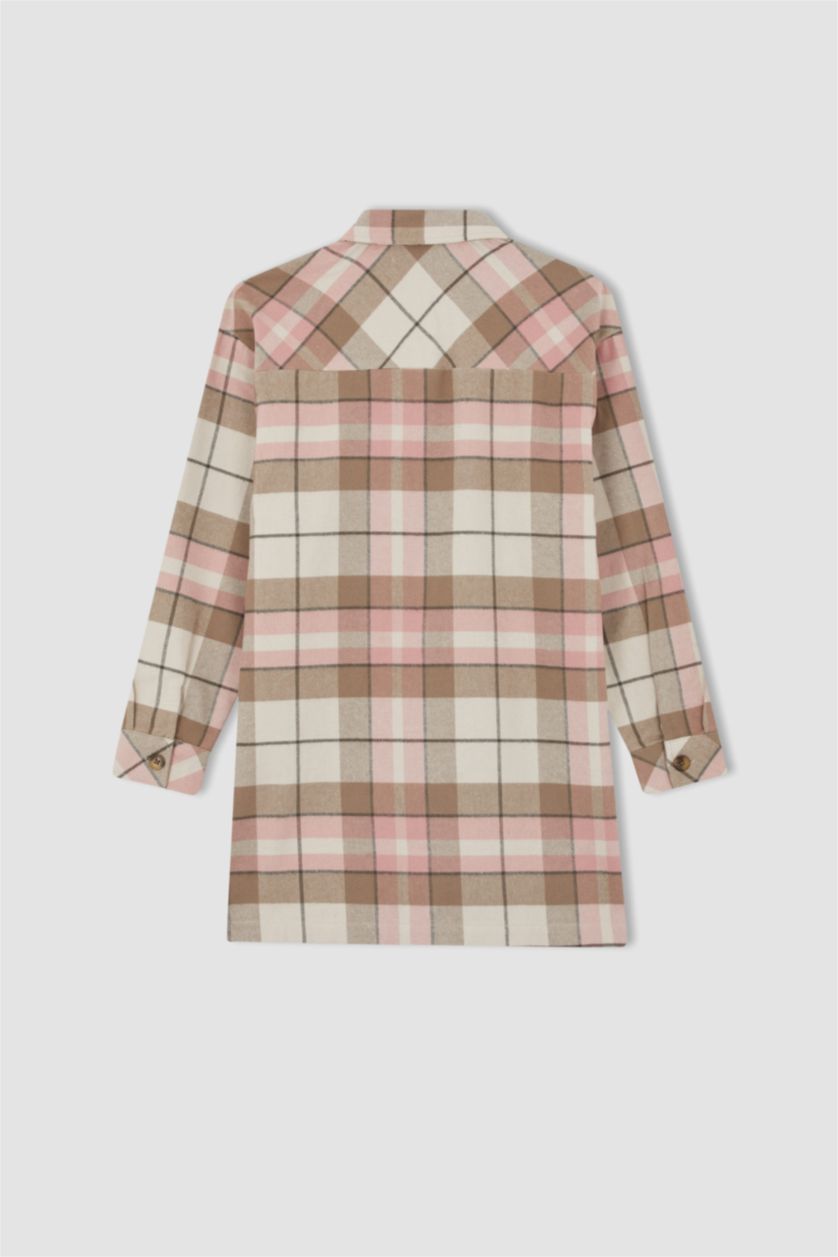 FEMME Rose Clair Tunique à manches longues en flanelle à carreaux coupe décontractée