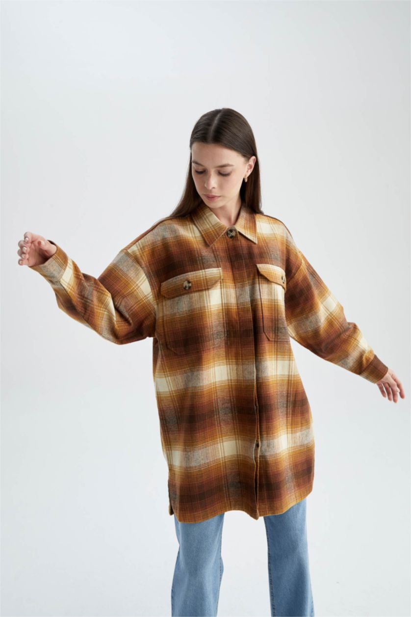 FEMME Marron Tunique à manches longues en flanelle à carreaux coupe décontractée